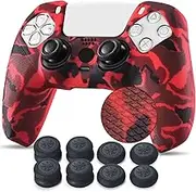 YoRHa Studded Printing Silicone Cover Skin Case for PS5 Controller x 1(Red) with Pro Thumb Grips x 10
