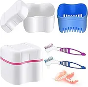 2 Denture Bath Cases Denture Cups with 2 Denture Cleaner Brushes Denture Boxes Dentures Container with Basket Denture Holder Brush Retainer Case for Travel Retainer Cleaning (Blue,Purple)