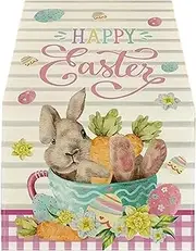 Cute Linen Easter Table Runner, Dining Table Runner, 72 x 13 inch Spring Holiday Decoration, Festive Bunny Floral Design Desk Cloth, Party Supplies for Home, Kitchen, Hall Room