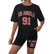 Girls Los Angeles Graphic Drop Shoulder Tee & Biker Shorts in Black, Size 9Y