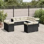 11 Piece Garden Patio Furniture Set with Cream Cushions, Black Poly Rattan Outdoor Sofa for Porch, Backyard, Balcony, or Deck – Modular Seating Set with UV-Resistant Material and Washable Covers