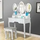 Dressing Table Mirror Stool Set Girls Vanity Makeup Desk Drawer Organizer