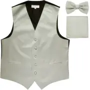 New Men's formal Slim Fit Tuxedo vest Waistcoat_bow tie & hankie silver wedding