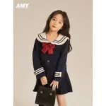 臺灣出貨AMYBABY女童套裝2024新款韓國出貨學院風氣質簡約海軍領外套百褶裙