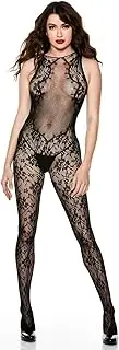 [MUSIC LEGS] Sheer Lace Bodystocking with Open Crotch, Black, One Size