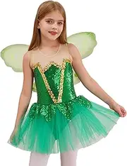 [Loodgao] Kids Girls Xmas Green Fairy Elf Costume Sequins Sleeveless Dance Dress Ballet Dance Leotard with Wings Set