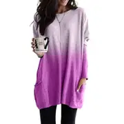 Womens Casual Gradient Long Sleeve Round Neck Pocket T Shirts Blouses Sweatshirts Tops- Purple