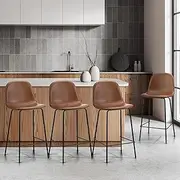 [OIKITURE] 4PCS Bar Stools 62cm Seat Height, Bar Stools Set of 4 with Premium Faux Leather Backrest Counter Kitchen Chairs Dining Chair, Brown