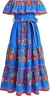 [ABEWIP] Mexican Dress for Girls Mexican Traditional Folk Floral Print Drape Dress with Flounce Belt Cinco De Mayo Fiesta, Blue, 5-6 Years