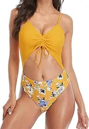 [Generic] Women's Tie Floral Print One Piece Swimsuit Fashion Lace Up Hot Spring Bathing Suit Sexy Cutout Ties Swimwear Beachwear