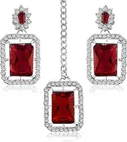 [Aheli] Silver Plated Red Crystal & Cubic Zirconia Studded Drop Earrings & Maangtikka Set Fashion Jewellery for Women, One Size, Metal, No Gemstone