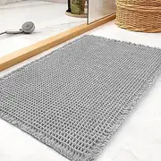 Upgraded Waffle Bath Mat 18" x 30", Super Absorbent Washable Non Slip Bath Rug Mats for Bathroom Floor, Extra Soft Anti Slip Bath Room Mat with Tassels for Tub, Sink, Toilet, Quick Dry, Light Grey