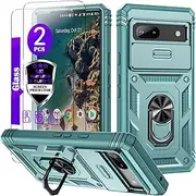 for Google Pixel 7A Case with Camera Cover Slider, 2*Tempered Glass Screen Protectors,Build in 360°Rotating Ring Kickstand, Military Grade Protective Case for Google Pixel 7A 6.1"-Green