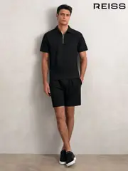 Reiss Black Barber Textured Drawstring Shorts (H48778) | $135