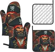 4 pcs Oven Mitts and Pot Holders Set 500°F Heat Resistant Oven Gloves and Hot Pads Kitchen Mittens Pirate Captain Cooking Gloves Potholders for Baking Grilling