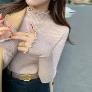 Long-Sleeve Mock Neck Plain Lettuce Edge Ribbed Knit Top Oatmeal - One Size