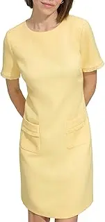 [Tommy Hilfiger] Women's Pleated Trim Short Sleeve High Neck Shift Mini Dress