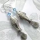 Fish Earrings Pisces Shell Austrian Crystal Silver Tone Double Sided AUS Made