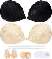 [Gaceblis] 2 Pairs Sticky Bra Push Up, Lace Backless Self Adhesive Strapless Bra, Reusable Invisible Stick on Bra