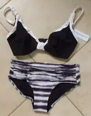 Seafolly Bikini AU 10 Black Block Party DD-F Top & Steel Osaka Stripe Retro Pant