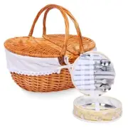 Wicker Picnic Basket Set for 4 with Lid and Handle 4-person cutlery bag Beige