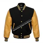 Men's Varsity Baseball Bomber Letterman Jacket Black Wool & Gold Leather Sleeves