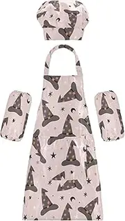 AIXIWAWA Kids Apron Chef Hat Set, Child Kitchen Bib Aprons Adjustable for Cooking Baking Painting (Witch Hat)