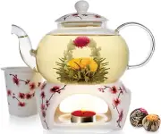 27 Oz Hand-Painted Cherry Blossom Teapot & Tea Warmer Gift Set - Floral Elegance