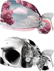 [YTYVAGT] 2-Pc,Nurse Scrub Caps,Scrub Hats with Buttons and Cotton Sweatband,Pink Tree and Field Pattern