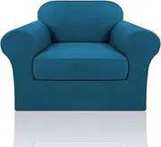 H.VERSAILTEX 2 Pieces Microfiber Stretch Sofa Slipcover Spandex Soft Fitted Sofa Couch Cover Washable Furniture Protector with Elastic Bottom for Kids, Pets (1 Seater,Peacock Blue)