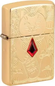 Zippo Lucky Cat Design Armor Deep Carved High Polish Brass 49802