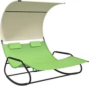 Camping Sunloungers Reclining Patio ChairsRocking Double Sun Lounger with Canopy Green and Cream**