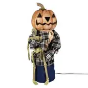 Large Lighted Dressed Tan Pumpkin Jack-O'-Lantern Holding Skeleton