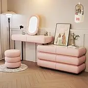 Vanity Desk with Mirror,Telescopic Dresser with 8 Drawers and 1Chair,3 Lighting Modes,Gifts for Girls(B,Pink_120CM)