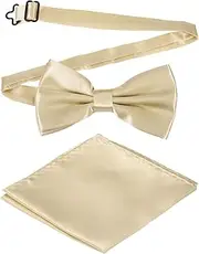 [uxcell] Bow Tie for Men, Adjustable Bow Ties with Pocket Square Solid Color Triple Fold Pre-tied Bow Ties Sets for Wedding, Parties, Dinner, and Business (Light Champagne Gold)