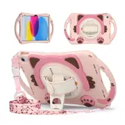 Cat Tablet Case For iPad 10th Rugged with Shoulder Strap-Pink