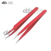 DDP 2 Pcs Eyelash Extension Tweezers Straight & Curved Stainless Steel Red