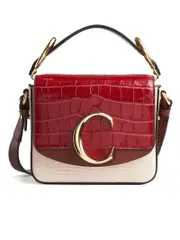 Chloé Mini C Red Croc-embossed & Pink Lizard effect Leather Shoulder Bag