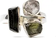 [Generic] Moldavite Ring, Black Tourmaline, Herkimer Diamond Ring Czech Republic Natural Gemstone 925 Solid Sterling Silver Handmade Jewelry