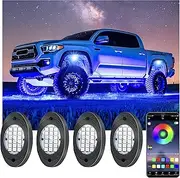 Fimker RGB LED Rock Lights, 4 pods Underglow Multicolor Neon Light Kit Pod Kit with Phone App Bluetooth Control Flashing Music Mode Wheel Well Light for Truck ATV UTV RZR SUV