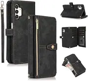 [UEEBAI] Case for Samsung Galaxy A13 5G, 9 Card Slots Retro Leather Wallet Shockproof Flip Cover with Hand Strap Card Slots Zipper Pocket Kickstand Handbag Magnetic Closure - Retro Black