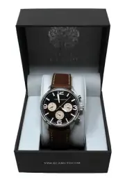 Vince Camuto Mens Black Dial Brown Leather Strap Watch