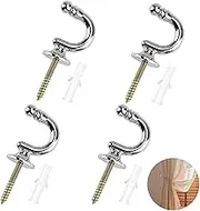 4 PCS Curtain Tieback Hooks, Silver Heavy Duty Tie Back Hooks U Shaped Curtain Tieback Hooks For Curtains Clothes Screw in Keys Coat Hanger Hook Wall Mounted Chrome Decorative Drapery Curtain Hooks