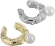[WRITWAA] 2 Pcs Pearl Hoop Earrings Flat Back Clip-on Ear Cuffs for Women Non-piercing Fashion Earring Studs