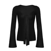 Long Sleeve V-Neck Plain Tie-Front Crop Top Black - L