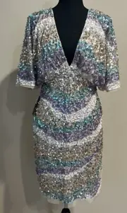 Aidan Mattox Beaded Sheath Dress Butterfly Sleeve Multi Color Size 12 *SEE NOTE*