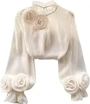 [Generic] Fashion Women Sheer Chiffon Long Sleeve Shirts Ruffle Bubble Sleeve Blouse Elegant Mock Neck 3D Flower Tunic Tops Chic