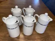 5 MAYER CHINA CREAMERS W/lids.