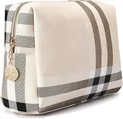 [Jessyline] Large Makeup Bag for Purse Luxury Women Cosmetic Bags Designer Make Up Pouch for Toiletry Travel Organizer, Beige, Large, Striped,plaid,checkered