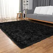 Rugs for Bedroom, Machine Washable Fluffy Shaggy Soft Area 4' x 5.3' Black